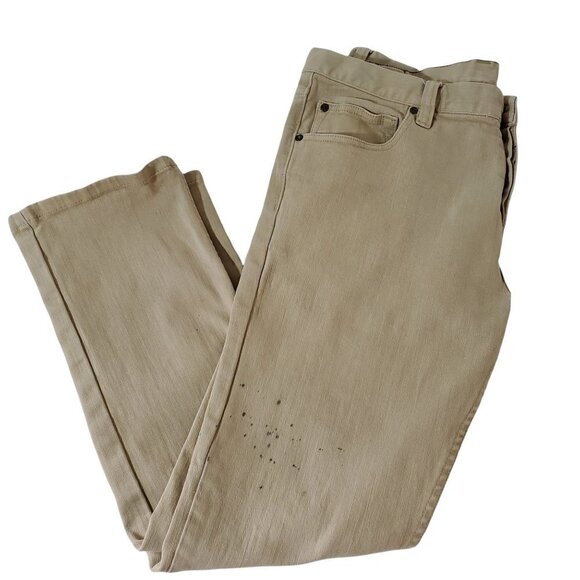 VTG DC Shoes Tan Jean 34/28 Button Fly Slim Skateboard Stretch Leather Logo - Picture 6 of 8
